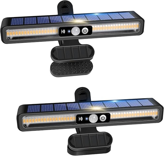 Luci Solari da Esterno, Confezione da 2 Clip a Lampade Solari con Sensore di Movimento, Luci da LED Parete da Giardin, 3 Modalità, Impermeabile per Recinzioni, Cortile, Garage, Campeggio