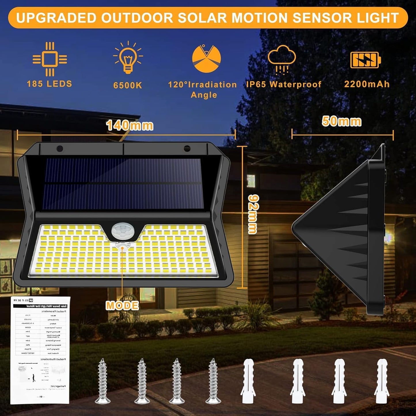 Luce Solare LED Esterno, Faretto LED da Esterno con Sensore di Movimento, 185 LED/ 3 Modos Lampada Solare da Esterno, IP65 Impermeabile LED Lampione per Giardino, Parete, Garage(2 Pezzi Bianco Freddo)