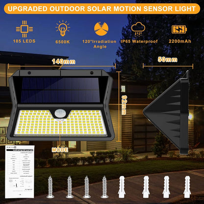 Luce Solare LED Esterno, Faretto LED da Esterno con Sensore di Movimento, 185 LED/ 3 Modos Lampada Solare da Esterno, IP65 Impermeabile LED Lampione per Giardino, Parete, Garage(2 Pezzi Bianco Freddo)