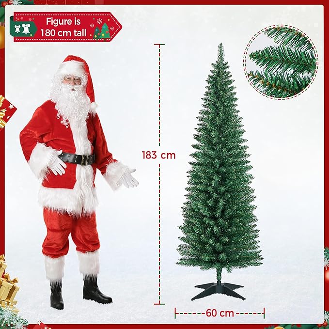 183 cm Albero di Natale Artificiale Slim a Forma di Matita in PVC Stretto e Alto con Base Plastica per Casa Ufficio Verde