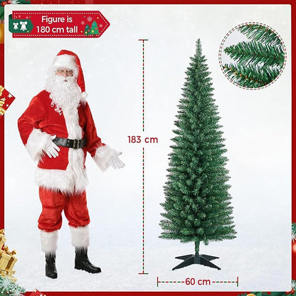 183 cm Albero di Natale Artificiale Slim a Forma di Matita in PVC Stretto e Alto con Base Plastica per Casa Ufficio Verde
