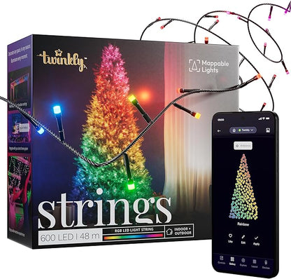 Twinkly Strings 600 LED RGB, Striscia di Luci LED per Esterno e Interno, Luci Smart Multicolore, Compatibile con Alexa e Google Home, Luci Mappabili, IP44, Controllo App, Filo Nero, 48m