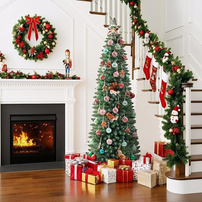 183 cm Albero di Natale Artificiale Slim a Forma di Matita in PVC Stretto e Alto con Base Plastica per Casa Ufficio Verde