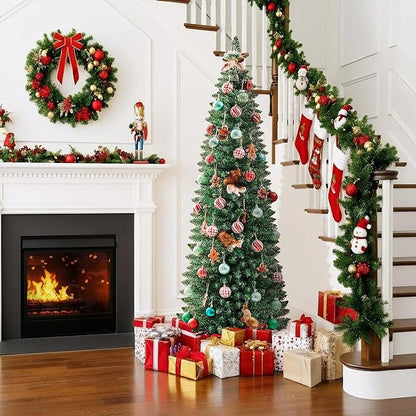 183 cm Albero di Natale Artificiale Slim a Forma di Matita in PVC Stretto e Alto con Base Plastica per Casa Ufficio Verde